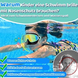 Vvinca Swimming Goggles with Nose Clip, Waterproof, for Children 3-15 Years, Set of 2, Wide Angle Diving Mask, Anti-Fog/UV Protection