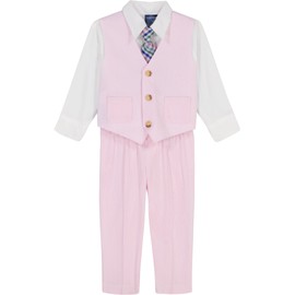 Nautica Baby Boy's 4-Piece Suit Set with Dress Shirt, Vest, Pants, and Tie, Pink Seersucker