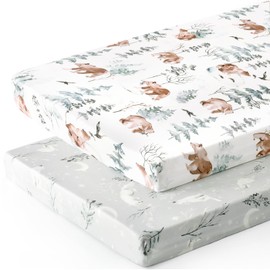 Stretchy Ultra Soft Jersey Knit Fitted Pack and Play Sheets Set 2 Pack, Portable/Mini Crib Sheets Safe and Snug Fitted for Boys and Girls, Cute Bear and Wolf Pattern