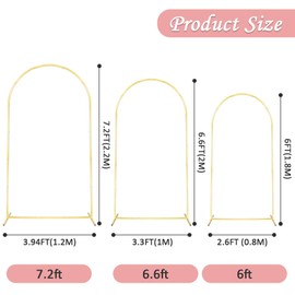 Set of 3 Metal Arch Backdrop Stand 7.2FT, 6.6FT, 6FT, Koocoot Wedding Arched Frame Chiara Arches Backdrop Stand Set for Birthday Baby Shower Graduation Anniversary Opening Ceremony Decoration, Gold