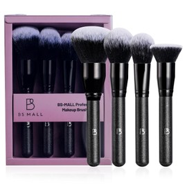 BS-MALL Soft Professional Makeup Brush Set - 4 Travel-Friendly Daily Use Including Liquid Foundation Powder and Blusher Brush (All Black) Black Silver / BS-MALL 소프트 프로페셔널 메이크업 브러시 세트 - 리퀴드 파운데이션 파우더 및 블러셔 브러시를 포함한 여행 친화적인 4종 데일리 사용 (올 블랙) Black Silver