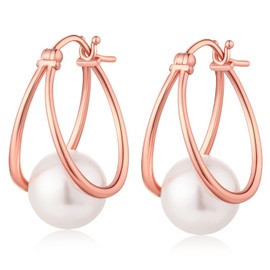ZDaoBen 925 Sterling Silver Pearl Hoop Earrings for Women 10MM Large White Rose Gold Pearl Dangle Drop Earrings Dainty Bridal Wedding Jewelry Gift for Her
