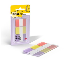 Post-it Sticky Tabs, 1 in. x 1.5 in., 3 Pads of Book Tabs in Assorted Warm Pastel Colors for Bookmarking, Annotating, Reading, and Reminders, Orange, Yellow, and Purple Colors (36 Total Count)