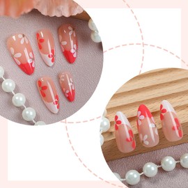 BQZQPAMZ 24pcs Flower French Tip Press on Nails Red White Floral Medium Almond False Nails Glossy Floral Full Cover Acrylic Nails for Women DIY Spring Nail Art Supplies