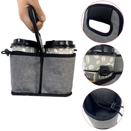 KOSTOO Portable Drink Carrier and Reusable Coffee Cup Holder for Hot or Cold Drinks, On-The-go Water Bottle Cup Caddy with Adjustable Elastic Fastening Strap, Gray (Gray-2 Pockets)