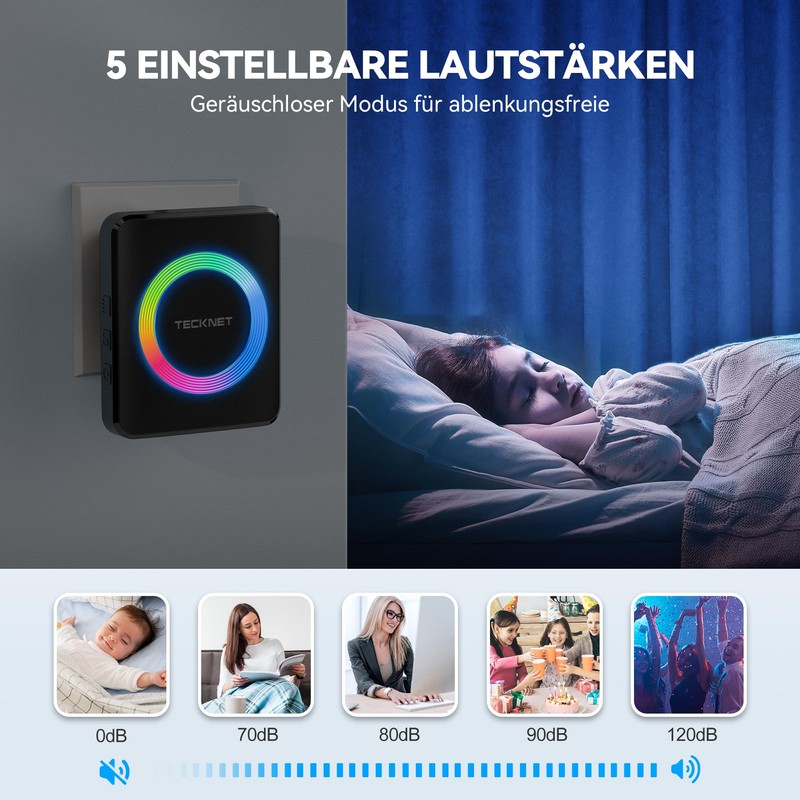 TECKNET Wireless Doorbell, Wireless Doorbell Set, 400 m Range, IP65
