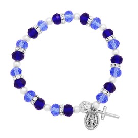 Rosemarie Collections Women's Beaded Stretch Rosary Bracelet with Crucifix and Miraculous Medal (Light and Dark Blue)