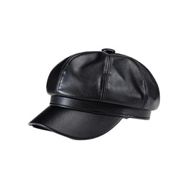 WDIRARA Women's PU Leather Newsboy Hat Vintage Beret Cap Baker Boy Caps Cabbie Hats Dull Black One-Size
