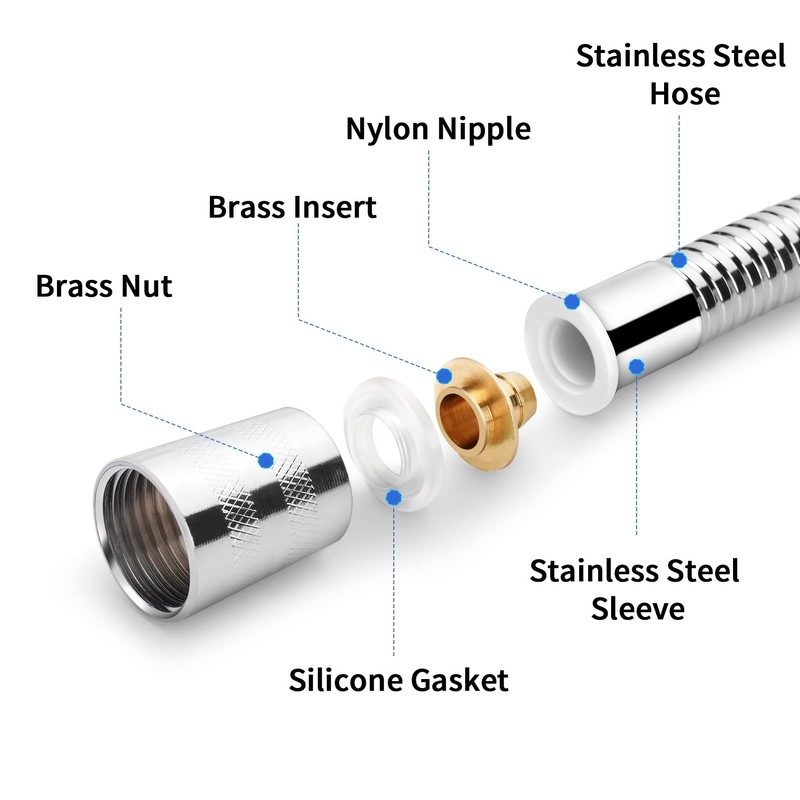 Shower Hose 1m(39"), Chrome Stainless Steel Shower Pipe, Anti-Kink and