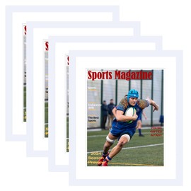 4 Pack Sports Magazine Frame Display 8.5 x 11.25 or 8.25 x 11 Magazine with 2 Sizes Mat, or 11x14 Photos without Mat, Magazine Display Frame with Shatter Resistant Plexiglass for Wall Hanging, White