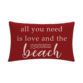 Beach Decor Throw Pillow Cover All You Need is Love & The Beach Rectangular/Waist Cushion Covers Farmhouse Summer Holiday Beach Red Decorative Pillowcases 12”×20”, for Sofa Beach Porch(Red)