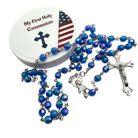 Westmon Works First Communion Rosary All American Set Faceted Acrylic Bead and Metal Crucifix with USA Flag Case Matching Patriotic Holy Prayer Card