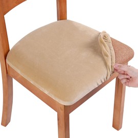 Smiry Original Velvet Dining Chair Seat Covers, Stretch Fitted Dining Room Upholstered Chair Seat Cushion Cover, Removable Washable Furniture Protector Slipcovers with Ties - Set of 4, Beige