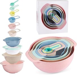 Chau 10-Piece Mixing Bowl Set - Durable Plastic Nesting Bowls with Measurement Cups & Sieve for Cooking, Baking, and Kitchen Organization
