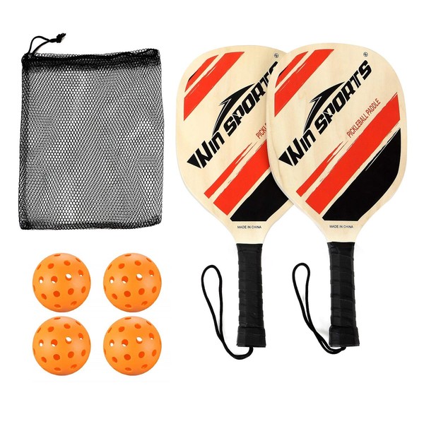 WIn SPORTS Wooden Pickleball Paddles Set 2 Beginner Racket,Pickle Ball Paddles with 2 Paddles,4 Balls and 1 Carry Bag,Durable and Classic (Wooden Version)