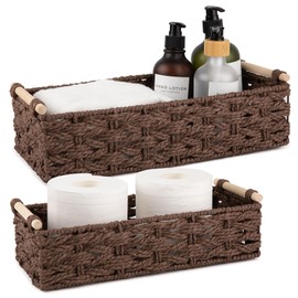 OIAHOMY Toilet Paper Baskets Handmade Paper Rope Decorative Wicker Storage Tank Shelf Cabinet Organizer for Bathroom Home, Set of 2, Brown