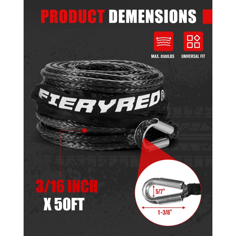 FieryRed 3/16” Winch Rope Cable,50 FT 8500 LBS ATV/UTV Synthetic
