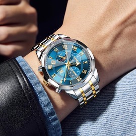 OLEVS Mens Watches Waterproof Analog Quartz Luxury Two Tone Stainless Steel Dress Blue Big Face Easy Read with Roman Numerals Day Date Chronograph Moonphase Fashion Chic Luminous Wristwatch Men