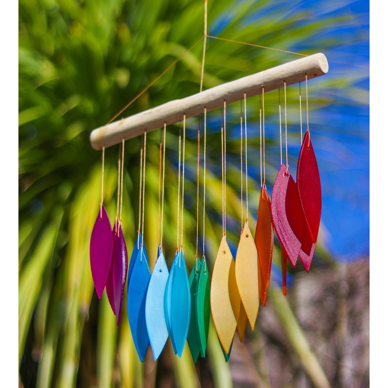 Rainbow Glass Wind Chime Recycled Glass and Bamboo Driftwood Garden