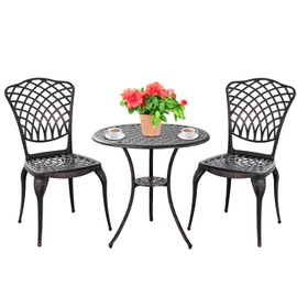 Withniture Bronze Patio Bistro Set - 3 Piece Outdoor Cast Aluminum Furniture, Large Table & Chairs, Weather Resistant, Adjustable Foot Pads, Umbrella Hole