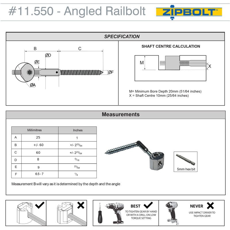 Zipbolt 11.550 Angled Railbolt Bulk Pack — Angled Staircase Handrail