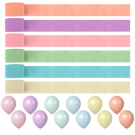 ZOCONE Crepe Paper 6 Rolls 150 m, Crepe Ribbons Rainbow, 12 Macaroon Balloons, Crepe Paper Streamers Decoration for Party Decoration, Birthday Decoration, Weddings (4.5 cm x 25 m)