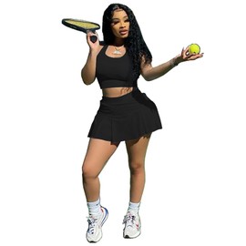 Womens Casual Sports 2 Piece Outfits Skirt Sets Athletic Tank Crop Top Mini Pleated Tennis Golf Skorts Skirts Activewear Black XXL