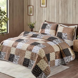 Mybedsoul Brown Quilt Set Twin Size, 2 Pieces Plaid Floral Bedspread Set Patchwork Reversible Bedding Set Microfiber Lightweight Bedspread Coverlet Set for All Season 68"x86"