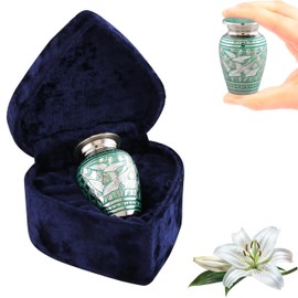 Small Keepsake Cremation Urns for Human Ashes - Beautifully Engraved Silver Metal Mini Urn - Pet Urn - Sharing Urn with Heart Shaped Velvet Case, Bag & Funnel (Green Birds)