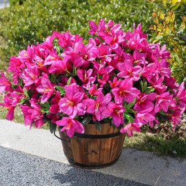 Artificial Flowers for Outdoors, 3 Bundles Fake Silk Azalea Bouquet Faux Flower Plants Outside Decoration UV Resistant Realistic Fake Flowers for Planter Front Door Patio Garden Walkways Home, Fuchsia