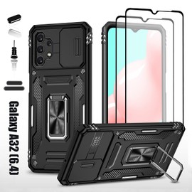 LMDAMZ Heavy Duty Case for Samsung Galaxy A32(4G), Military Grade Dual Layer Hybrid Cushioning Rubber Bumper Protector with Slide Camera Protector, Built-in 360 Degree Swivel Stand -Black