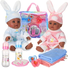 Jerify 10 Pcs Realistic Soft Twin Baby Dolls Toy Set Include 2 Pcs 12 Inch Baby Dolls, Feeding Set, Pacifiers, Doll Diapers, Diaper Bags, Milk Bottles Removable Outfit for Toddler Kids 3+ Gift(Black)