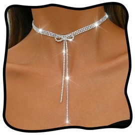 Campsis Crystal Rhinestone Bow Choker Necklace, Silver Adjustable Length