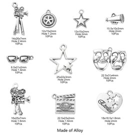Stiesy 100Pcs 10 Styles Movie Theme Tibetan Silver Charms Antique Mardi Gras Drama Mask Charm Vintage Film Charms for Jewellery Making Crafting Bracelet DIY