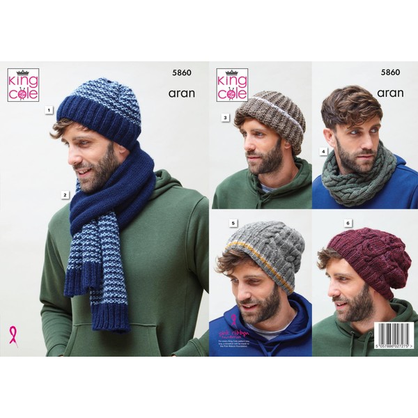 King Cole 5860 Knitting Pattern Men Hats Scarf and Snood in Fashion Aran, Multi, One Size
