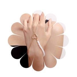 Aneneiceera Boho Finger Ring Love Bracelet Layering Pearl Gold Hand Chain Gold Slave Finger Ring Pearl Bracelet Bangle Bridal Handpiece Hand Harness Jewellery for Women and Girls