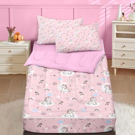 Nesker Zipper Bedding Full Cute Unicorn Rainbow Zip Up Bedding Set for Girls and Kids, Pink Kawaii Moon 3 Pcs Comforter Bed in a Bag with Fitted Sheet and 2 Pcs Pillowcases