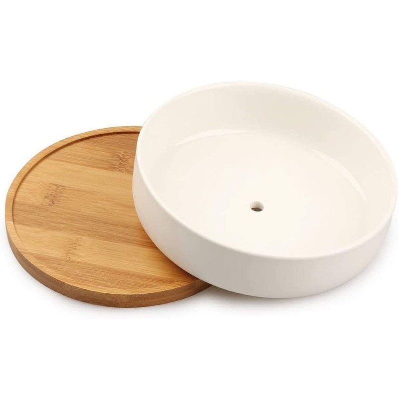 WEIYON-6.29 inchSucculent Planter Ceramic with Bamboo Tray, Modern White Ceramic