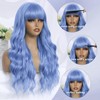 Long Wavy Curly Blue Wig with Fringe for Women Natural