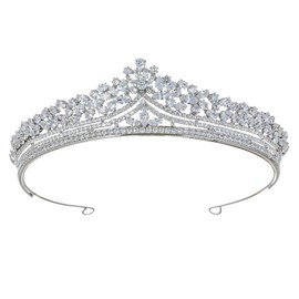 Samky Bridal Wedding Tiara Silver Cubic Zirconium CZ Crystal Crown Bride's Headpiece Hair Accessories for Woman