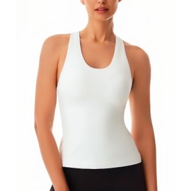 Workout Tank Top with Built-in Bra for Women – Cross Back Athletic Yoga Tops Breathable Stretchy Sports Camisole for Gym Pilates White