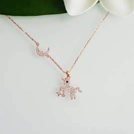 Hiqmic 925 Sterling Silver Cute Unicorn Moon Pendant Necklace White Gold Plated Jewelry 16"_WA99102-Rosegold