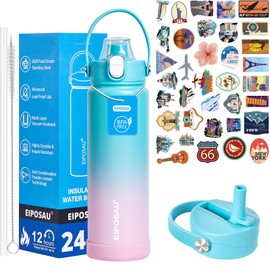 Insulated Water Bottle with Lid & Boot & Stickers, 24 oz Stainless Steel Sweat Free Bottle Keep Cold 24H, BPA-Free Sports Wide Mouth Water Bottle, CyanPink