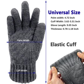 Beurlike Wool Winter Gloves for Men Women Fleece lined Touchscreen Warm Thermal Snow Cable Knit Gloves for Cold Weather Gift(Grey)