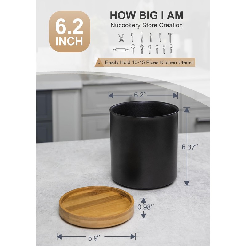 Nucookery 360°Rotating Utensil Holder, 7.2" Kitchen Utensil Crock, Ceramic Cooking