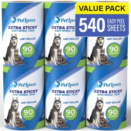 PetLovers Extra Sticky Lint Roller Mega Value Set for Pet Hair Removal, Dog and Cat Lint Remover (90 Sheets (Pack of 6))
