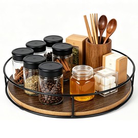 Lazy Susan Wooden Turntable - 360° Spice Kitchen Organiser 23 cm | Spice Organiser Round Spice Rack Rotating Spice Rack for Kitchen Cabinet Worktop Dining Table Bathroom