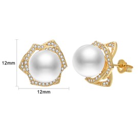Airokiy Gold Pearl Stud Earrings For Women Hypoallergenic 14K Gold Plated Cubic Zirconia Earrings Studs Wedding Jewellery