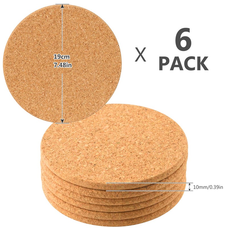 Pack of 6 Round Cork Coasters, Round Pot Coasters, Thick