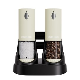 Baotom Electric Salt and Pepper Grinder Set with Dual Charging Base, 6 Adjustable Coarseness Levels & External Grind Settings, One-handed Operation Salt and Pepper Mills with LED Light,Beige